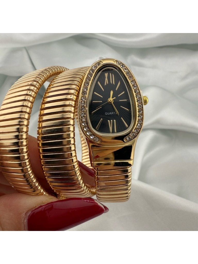 Serpent Serpentine Snake Classic Gold Women's Watch With Black Dial